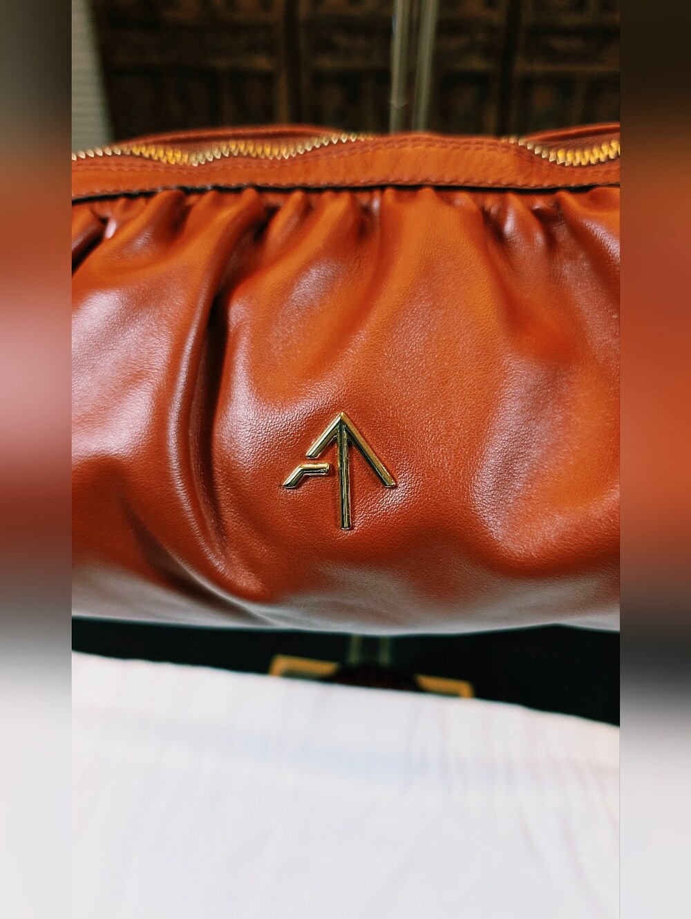 Manu Atelier Cognac Ruched Leather Shoulder Bag - Picture 2 of 16